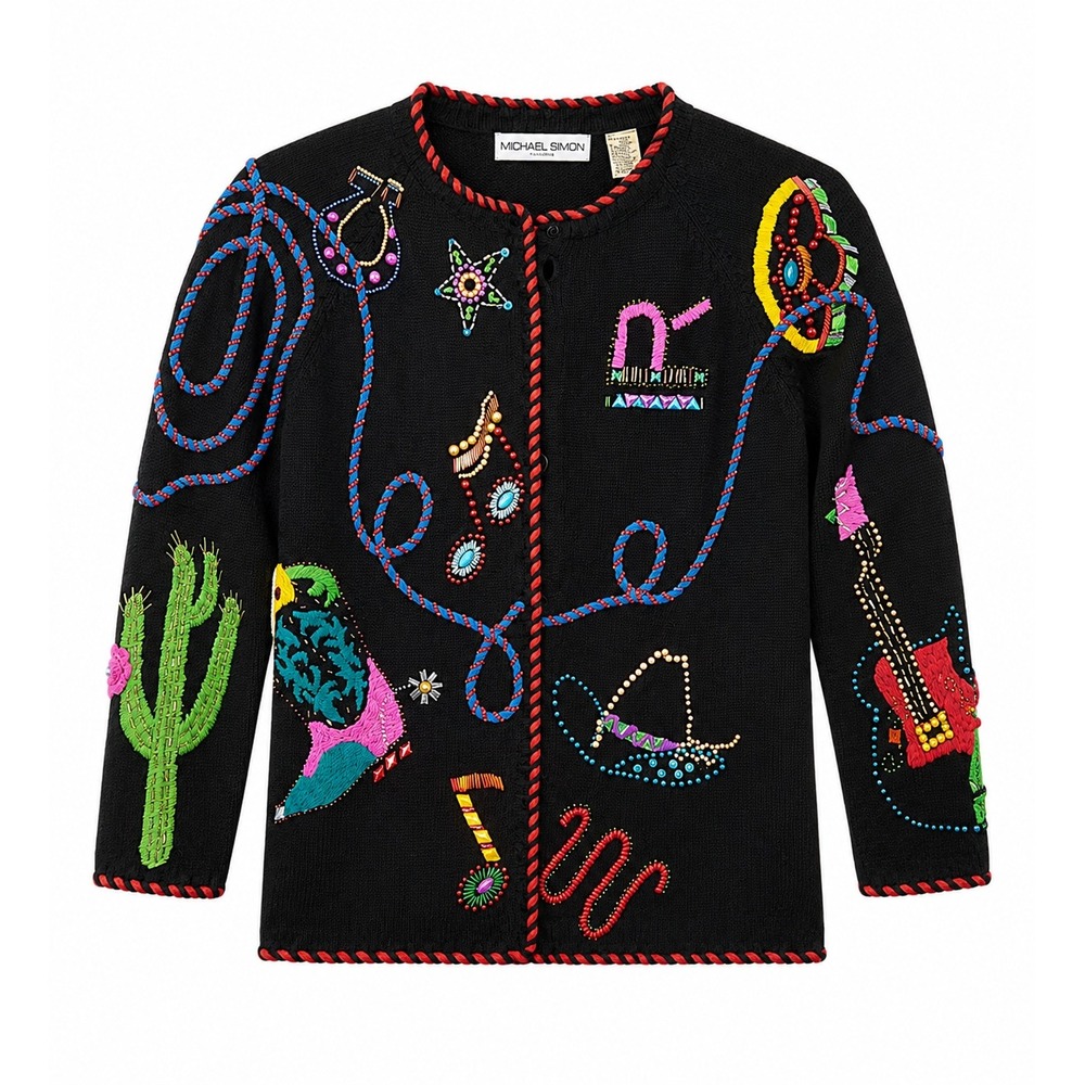 Vintage 90s Michael Simon Western‎ Cardigan Sweater Beaded Cowboy Boots Cactus 2